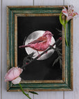 dramatic stunning digital painting colour popping purple finch bird illustration nature wall art perfect for home decor.