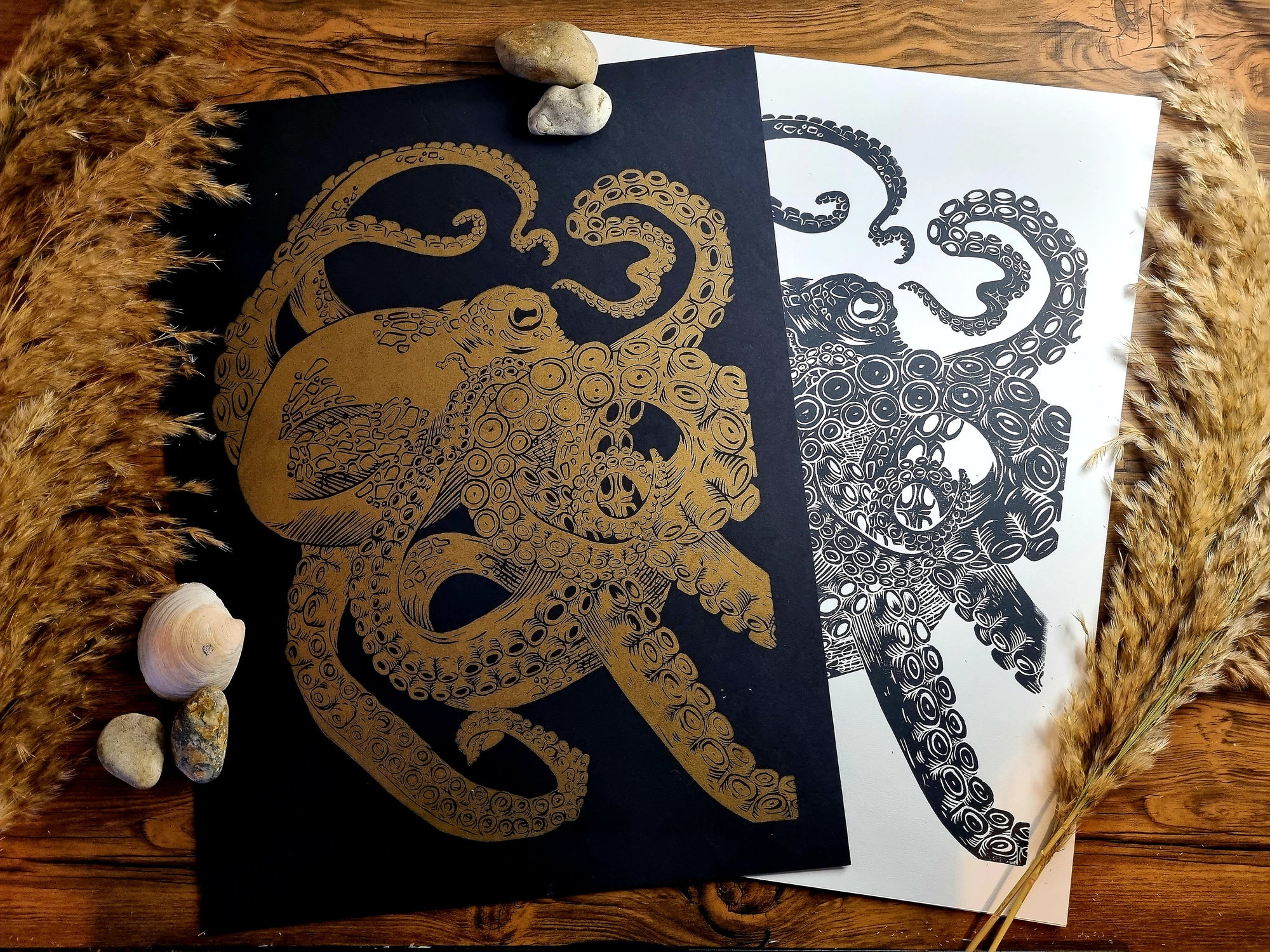 handmade original print one of a kind octopus hand printed and carved minimalist intaglio lino print wall art home decor. Illustration