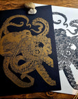 handmade original print one of a kind octopus hand printed and carved minimalist intaglio lino print wall art home decor. Illustration