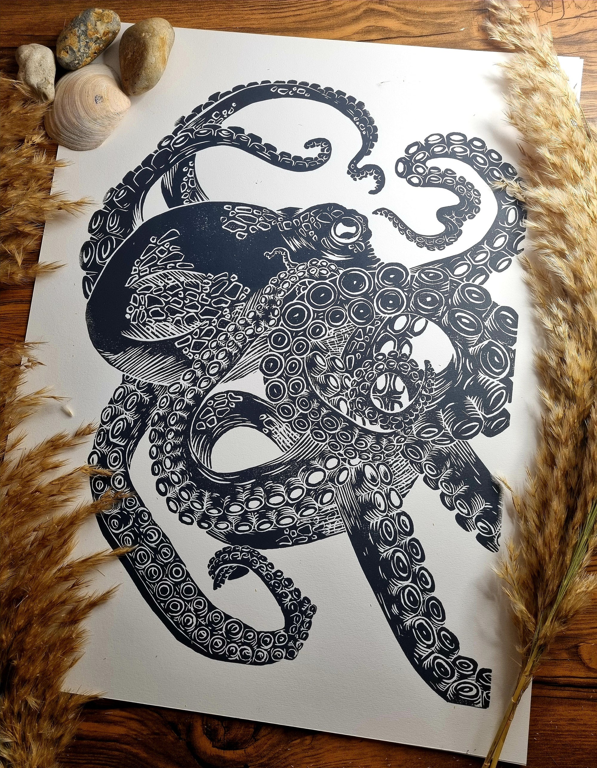 handmade original print one of a kind octopus hand printed and carved minimalist intaglio lino print wall art home decor. Illustration