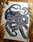 handmade original print one of a kind octopus hand printed and carved minimalist intaglio lino print wall art home decor. Illustration