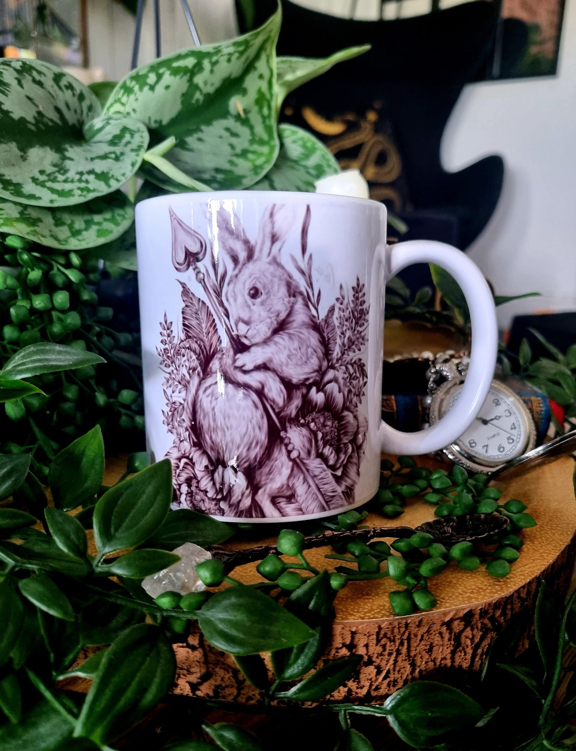 Unique design functional art sublimation rabbit illustration mug black & white monochrome perfect gift home decor Alice in wonderland