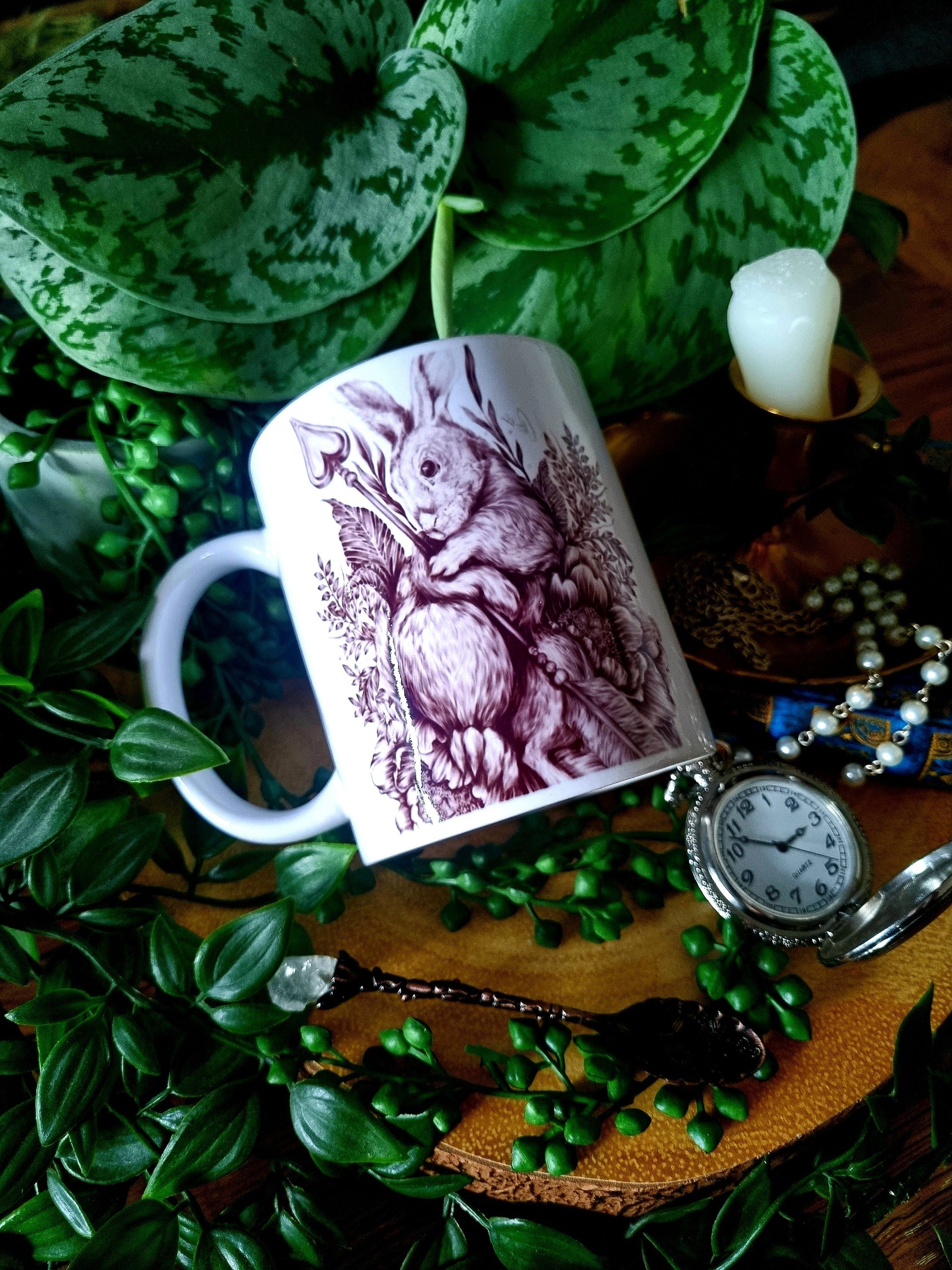 Unique design functional art sublimation rabbit illustration mug black & white monochrome perfect gift home decor Alice in wonderland