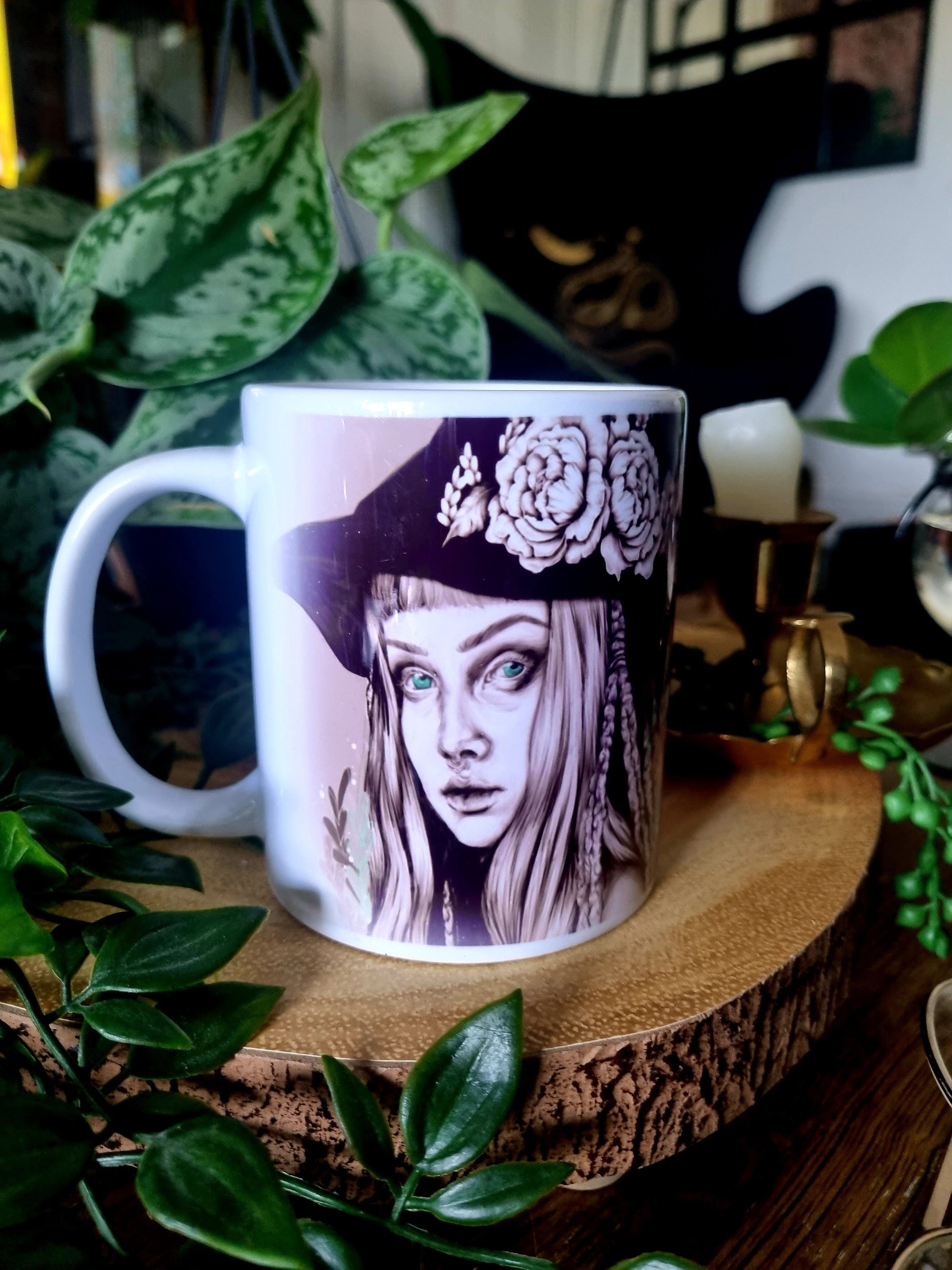 Unique beautiful green witch dark academia gothic halloween mug perfect gift or home decor art mug functional art coffee mug spooky vibes
