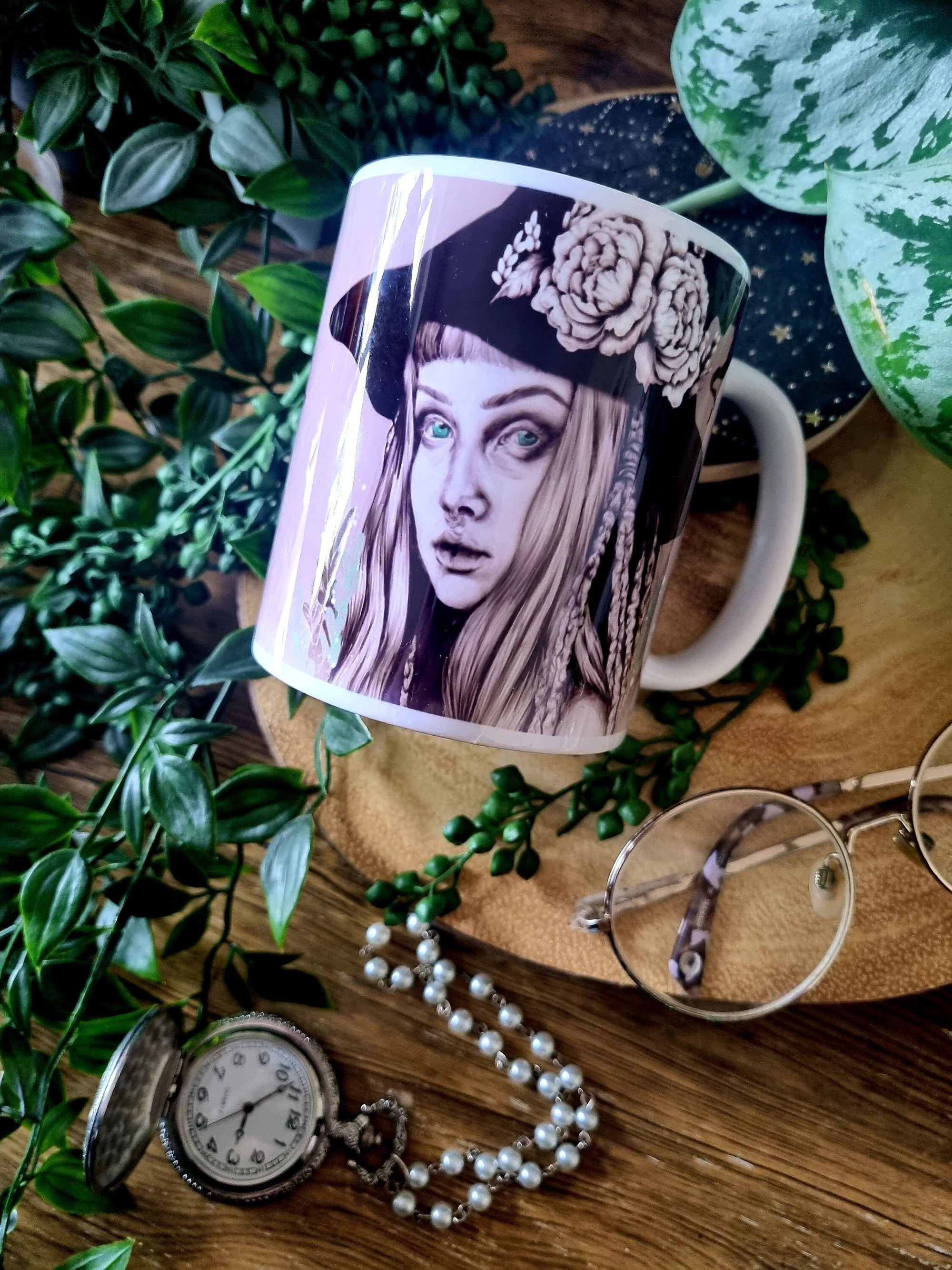 Unique beautiful green witch dark academia gothic halloween mug perfect gift or home decor art mug functional art coffee mug spooky vibes