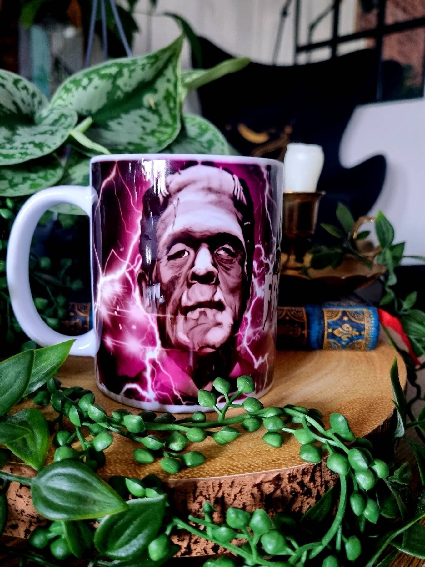 Bride of Frankenstein one of a kind unique illustrated art design handmade, handpressed mug, tea cup. Mug horror halloween spooky vintage