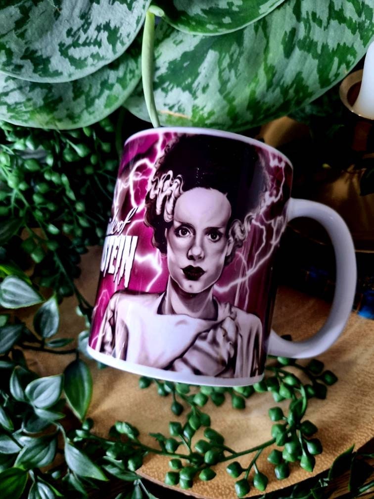 Bride of Frankenstein one of a kind unique illustrated art design handmade, handpressed mug, tea cup. Mug horror halloween spooky vintage