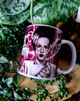 Bride of Frankenstein one of a kind unique illustrated art design handmade, handpressed mug, tea cup. Mug horror halloween spooky vintage