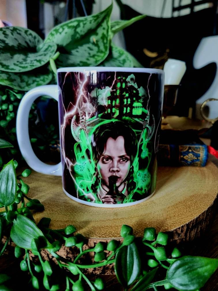 Wednesday Adams, Adams family, horror, spooky, Halloween, one of a kind illustration art design mug. Perfect gothic gift tea cup