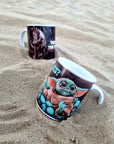 Baby yoda grogu cookies the mandalorian unique illustrated art design handmade, handpressed mug, tea cup. Mug functional art starwars