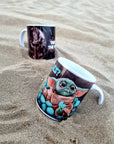 Baby yoda grogu cookies the mandalorian unique illustrated art design handmade, handpressed mug, tea cup. Mug functional art starwars
