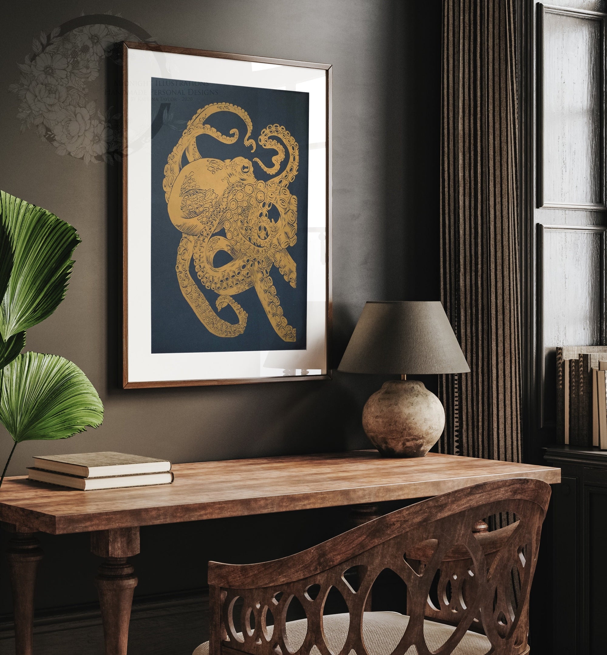 handmade original print one of a kind octopus hand printed and carved minimalist intaglio lino print wall art home decor. Illustration