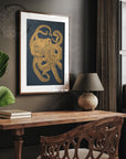 handmade original print one of a kind octopus hand printed and carved minimalist intaglio lino print wall art home decor. Illustration