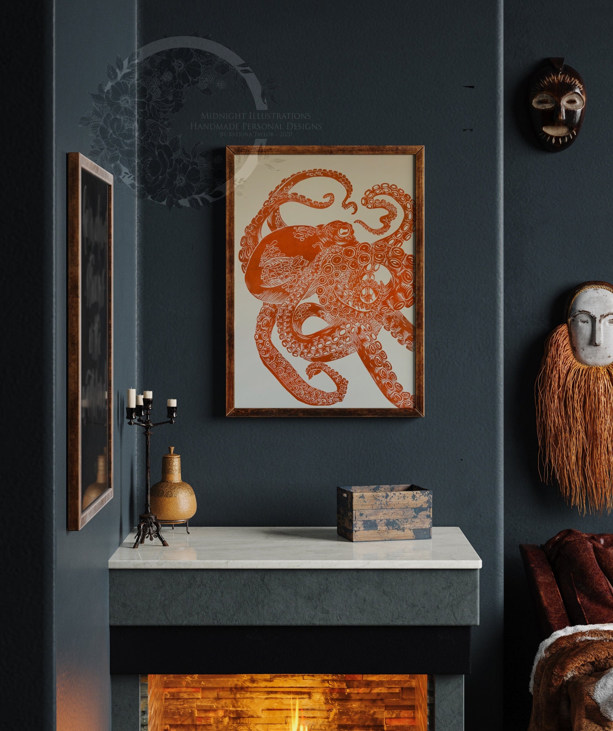 handmade original print one of a kind octopus hand printed and carved minimalist intaglio lino print wall art home decor. Illustration