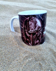 The mandalorian helmet with space background unique illustrated art design handmade, handpressed mug, tea cup. Mug functional art starwars