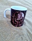 The mandalorian helmet with space background unique illustrated art design handmade, handpressed mug, tea cup. Mug functional art starwars