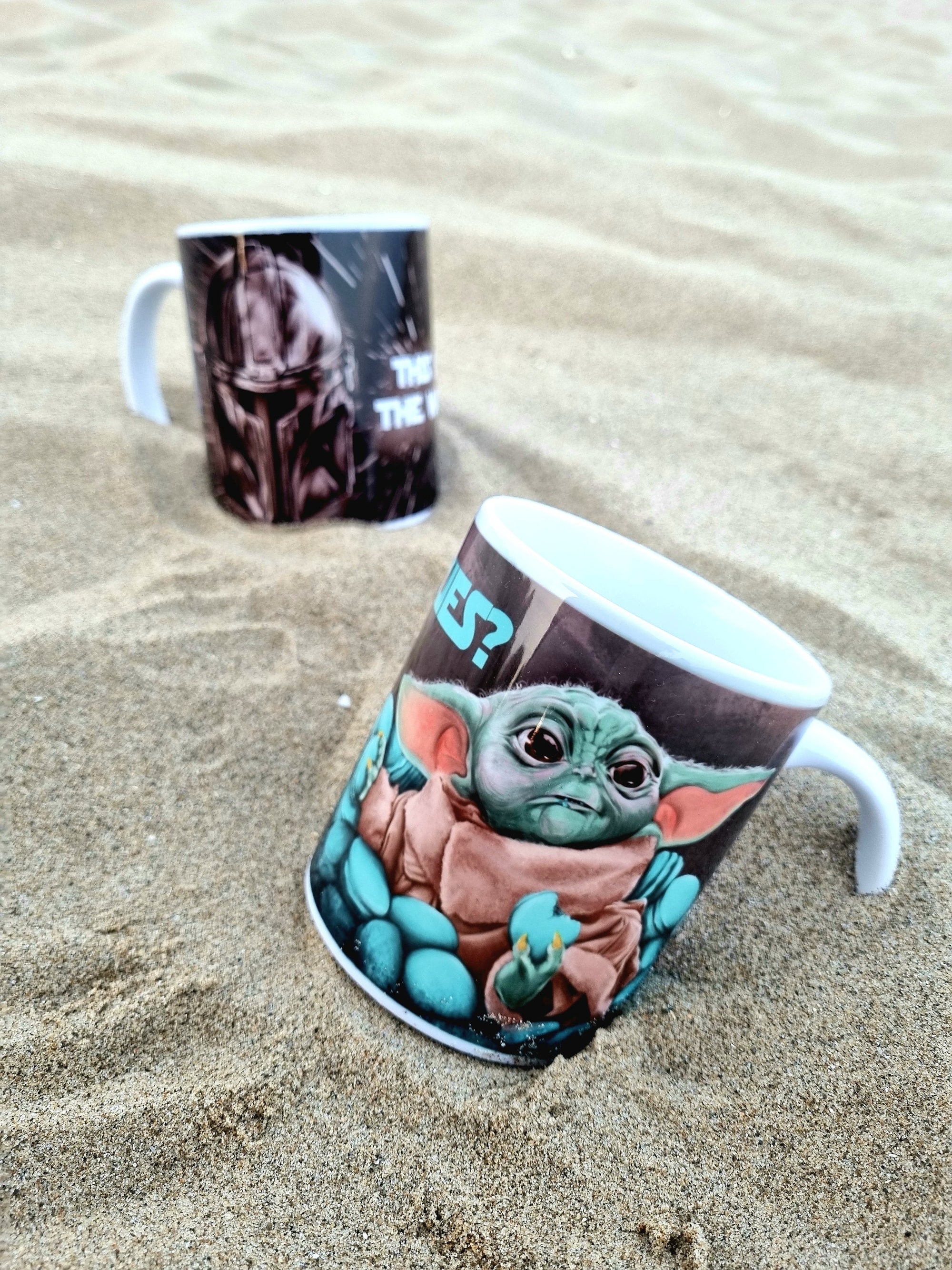 The mandalorian helmet with space background unique illustrated art design handmade, handpressed mug, tea cup. Mug functional art starwars