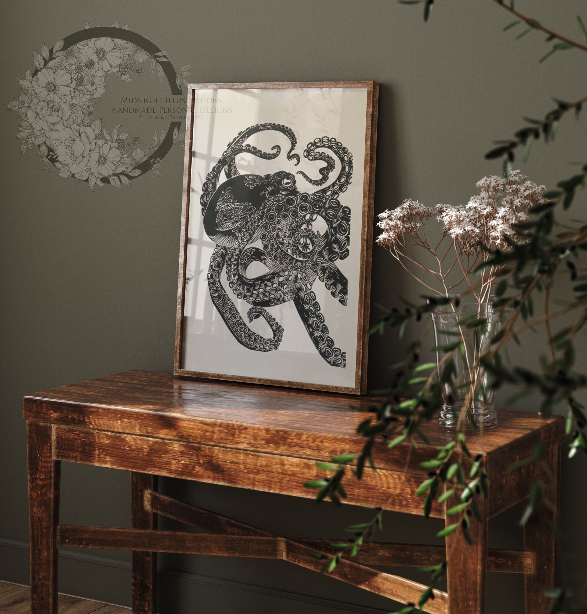 handmade original print one of a kind octopus hand printed and carved minimalist intaglio lino print wall art home decor. Illustration