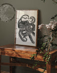 handmade original print one of a kind octopus hand printed and carved minimalist intaglio lino print wall art home decor. Illustration