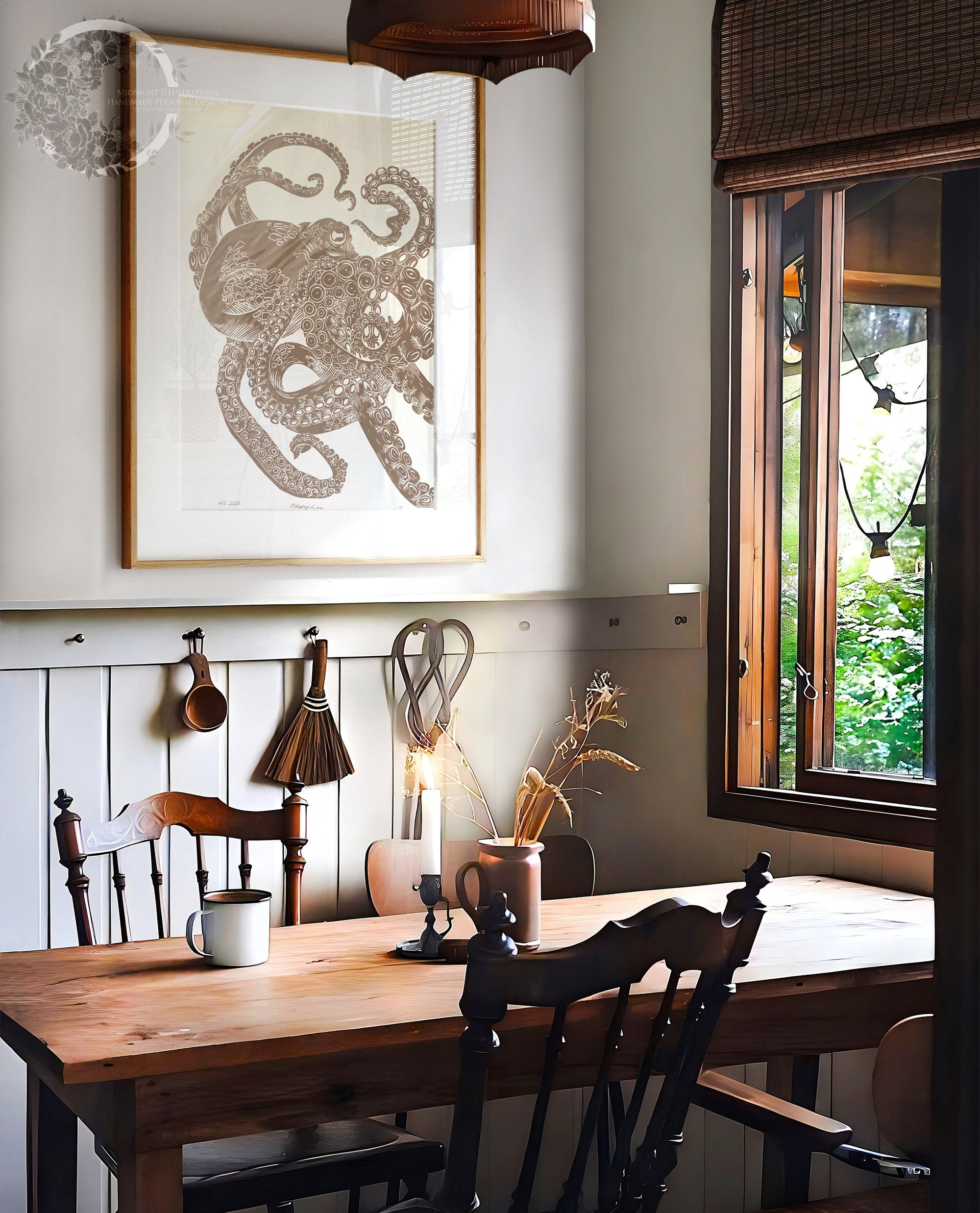 handmade original print one of a kind octopus hand printed and carved minimalist intaglio lino print wall art home decor. Illustration