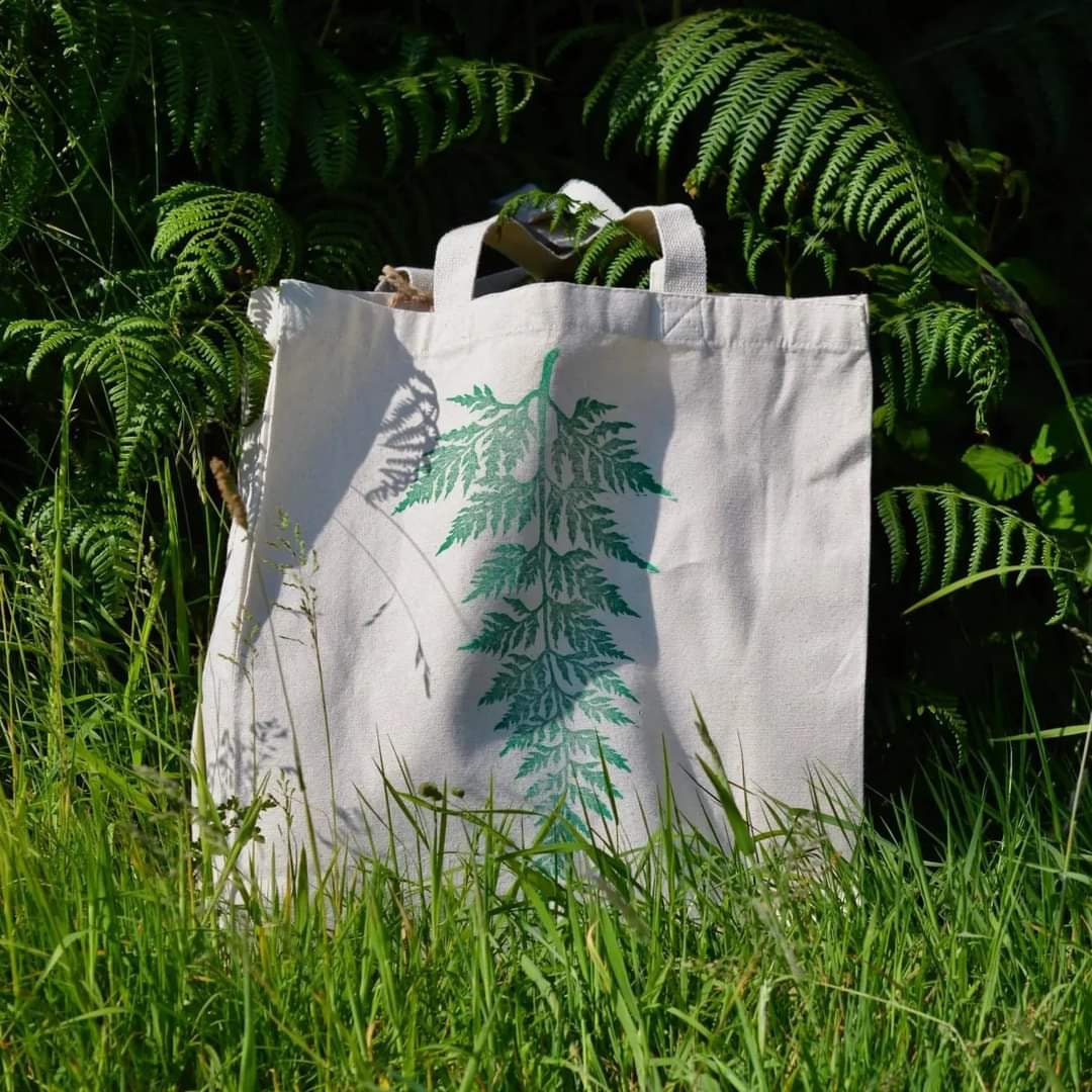 Hand printed lino print 100% organic fair trade fern nature whimsygoth cottagecore forestcore fairycore 10 oz flat base totebag fashion bag
