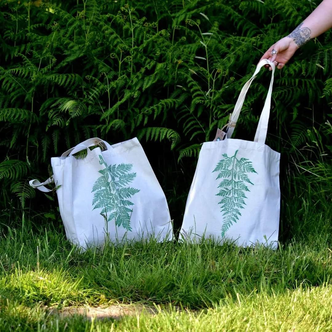 Hand printed lino print 100% organic fair trade fern nature whimsygoth cottagecore forestcore fairycore 10 oz flat base totebag fashion bag