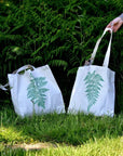 Hand printed lino print 100% organic fair trade fern nature whimsygoth cottagecore forestcore fairycore 10 oz flat base totebag fashion bag