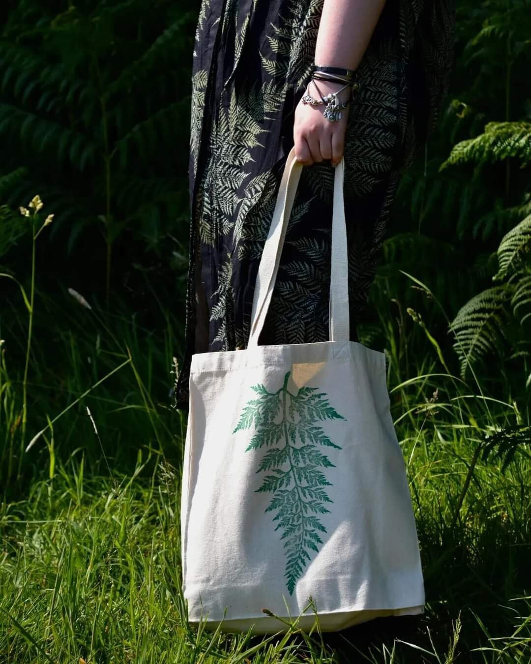 Hand printed lino print 100% organic fair trade fern nature whimsygoth cottagecore forestcore fairycore 10 oz flat base totebag fashion bag