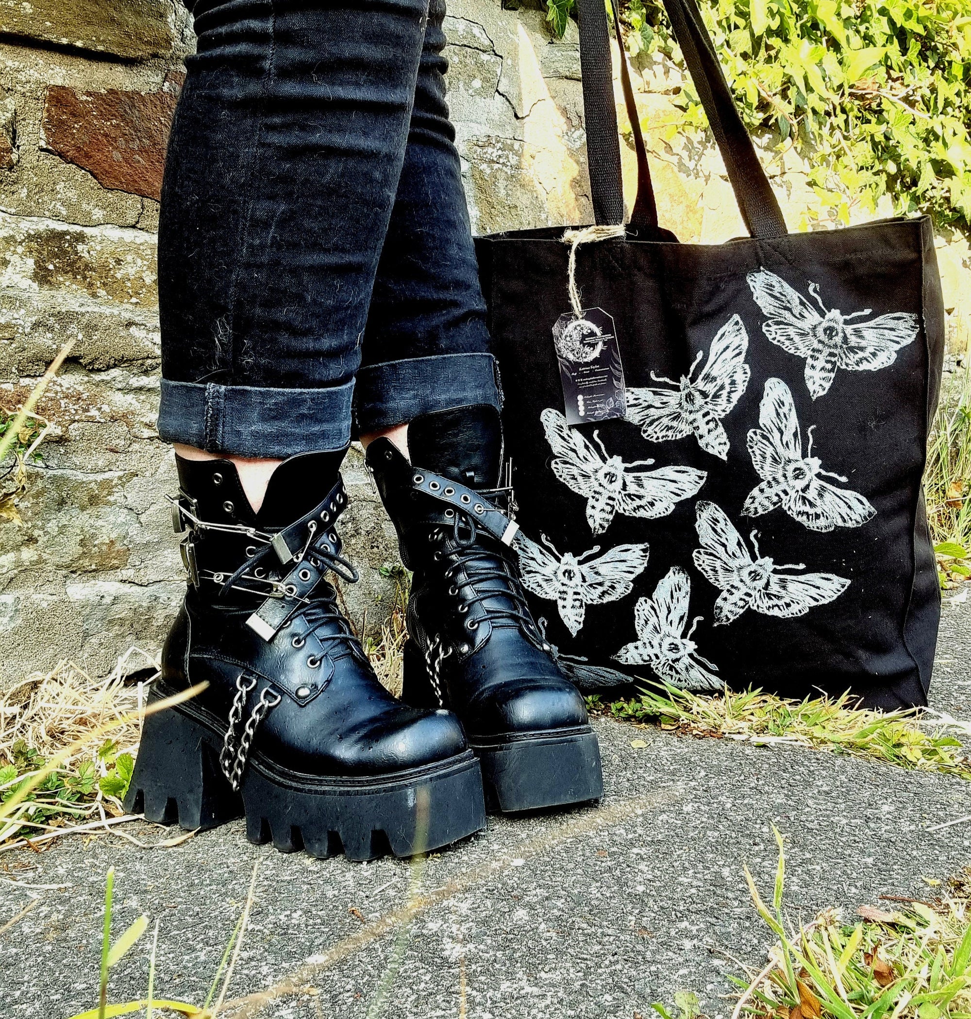 Hand printed lino print 100% organic fairtrade deathhead moth or butterfly gothic cottagecore forestcore fairycore 10 oz flat base totebag