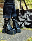 Hand printed lino print 100% organic fairtrade deathhead moth or butterfly gothic cottagecore forestcore fairycore 10 oz flat base totebag