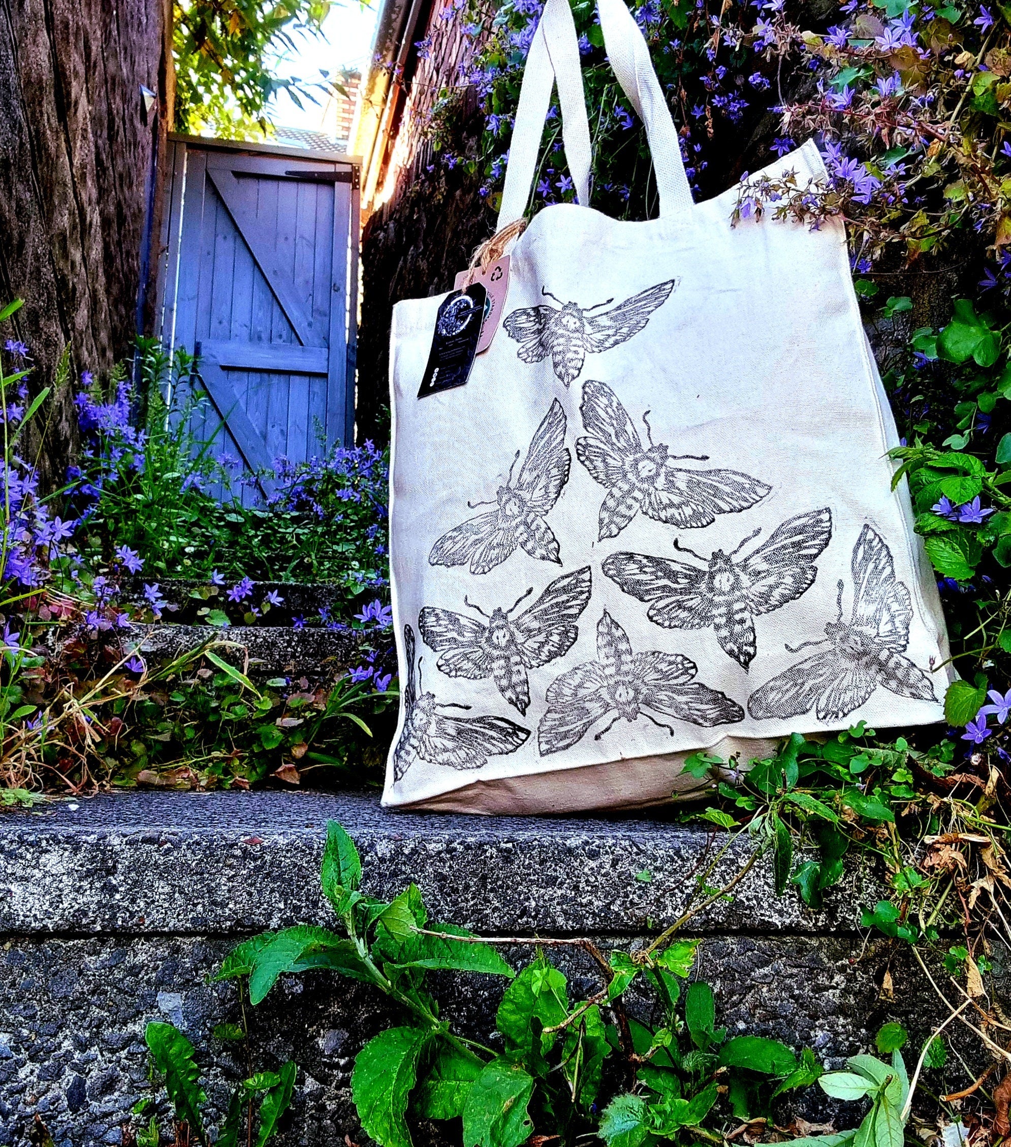 Hand printed lino print 100% organic fairtrade deathhead moth or butterfly gothic cottagecore forestcore fairycore 10 oz flat base totebag