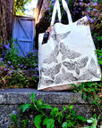 Hand printed lino print 100% organic fairtrade deathhead moth or butterfly gothic cottagecore forestcore fairycore 10 oz flat base totebag