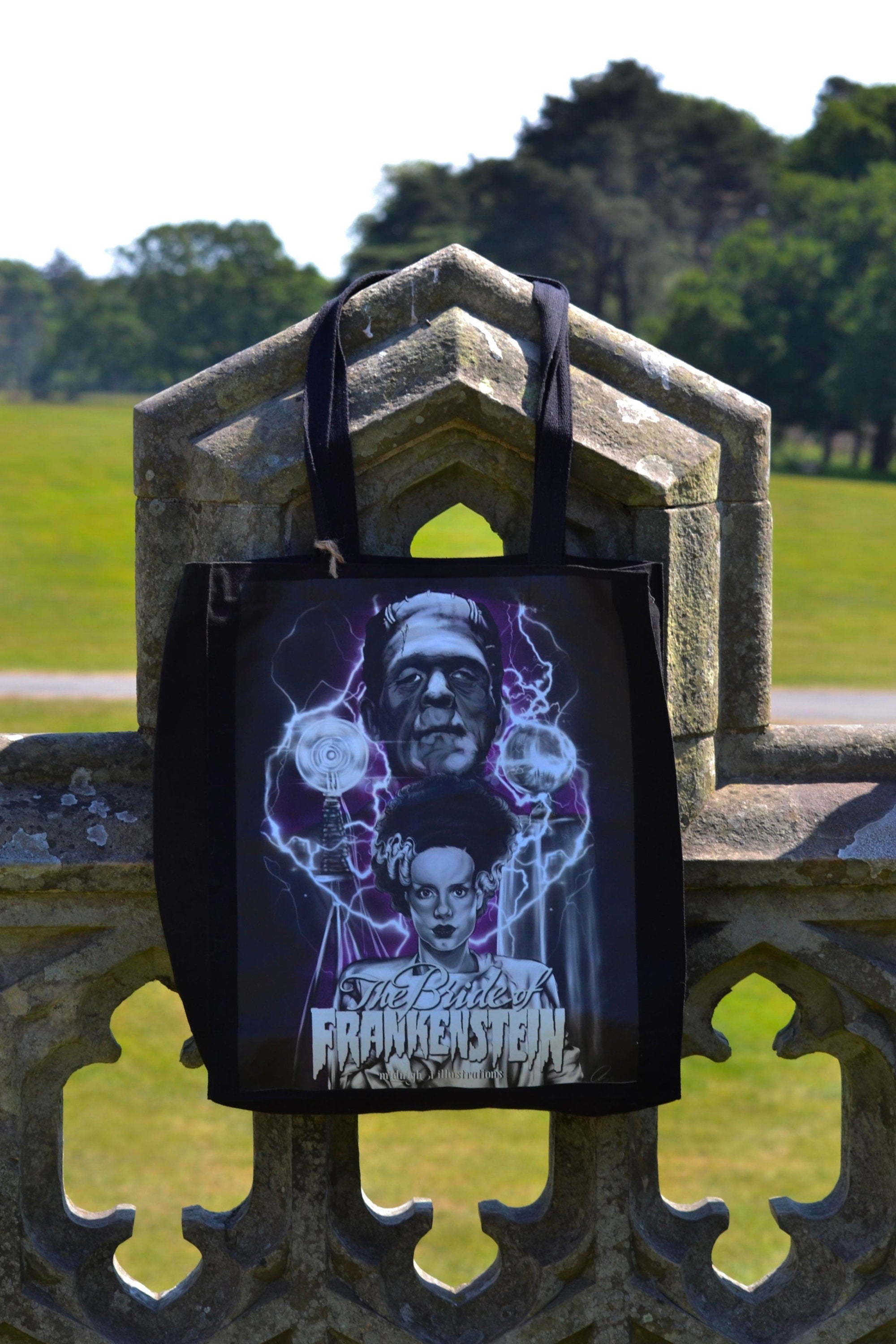 Handpressed unique illustrated art Bride of frankenstine 100% organic fair trade whimsygoth horror gothic 10oz flat base totebag fashion bag