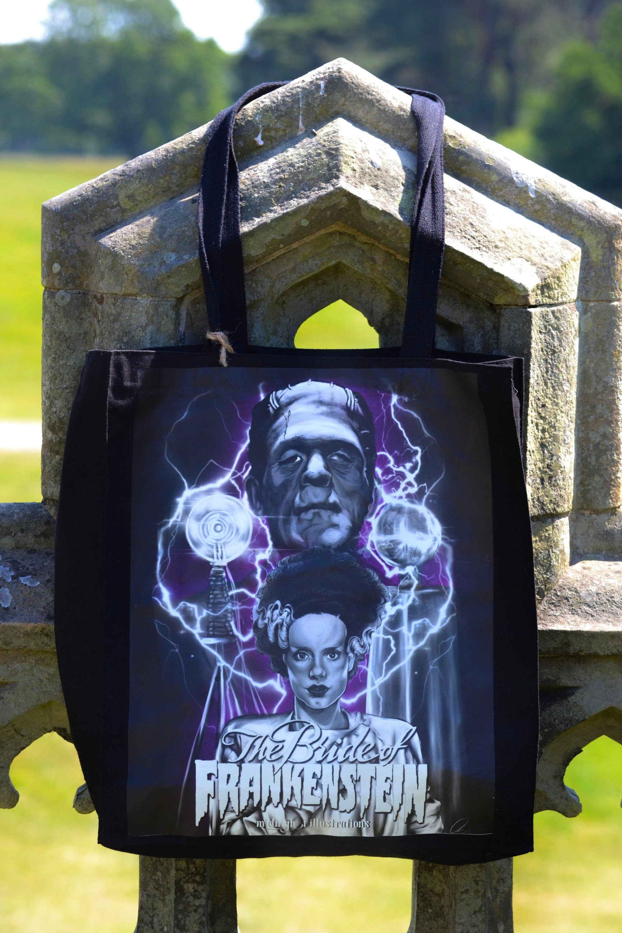 Handpressed unique illustrated art Bride of frankenstine 100% organic fair trade whimsygoth horror gothic 10oz flat base totebag fashion bag