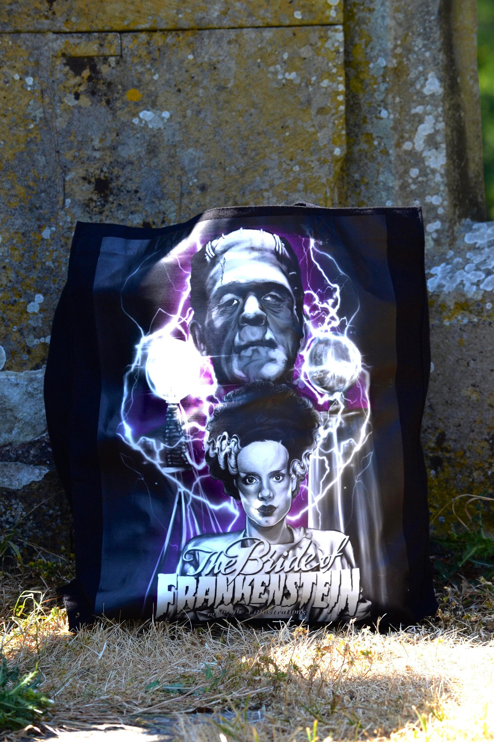 Handpressed unique illustrated art Bride of frankenstine 100% organic fair trade whimsygoth horror gothic 10oz flat base totebag fashion bag