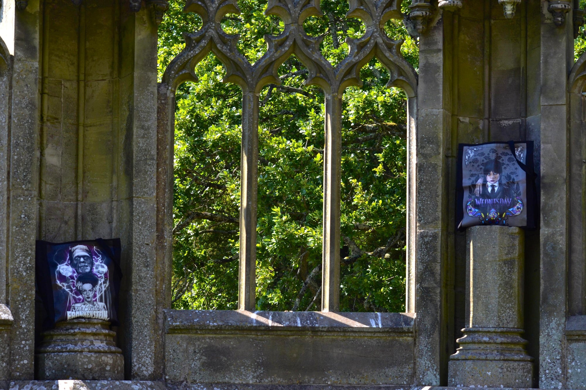 Handpressed unique illustrated art Bride of frankenstine 100% organic fair trade whimsygoth horror gothic 10oz flat base totebag fashion bag