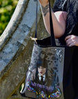 Handpressed unique art drawing wednesday addams halloween 100% organic fairtrade whimsygoth horror gothic 10oz flat base totebag fashion bag