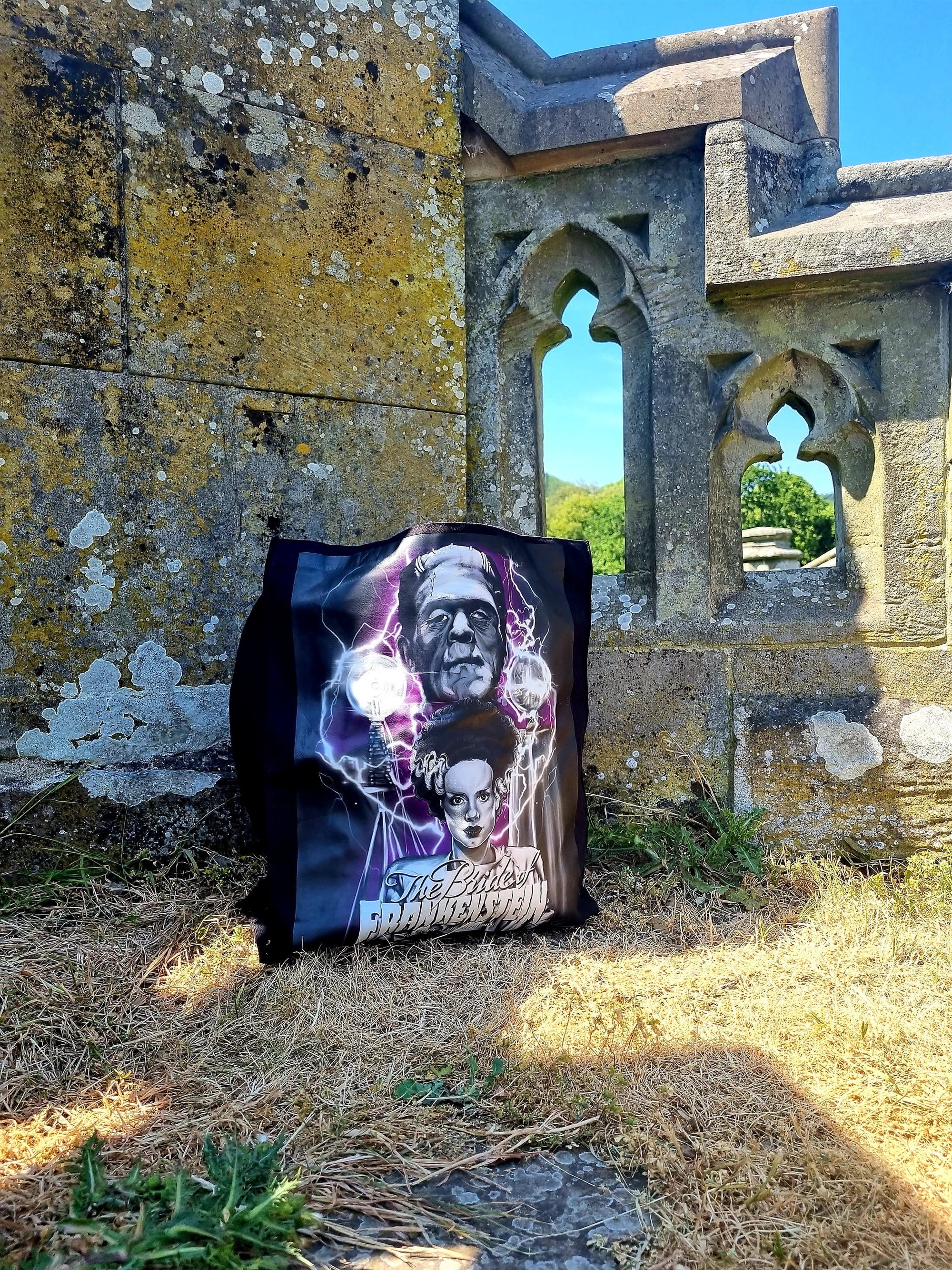 Handpressed unique illustrated art Bride of frankenstine 100% organic fair trade whimsygoth horror gothic 10oz flat base totebag fashion bag