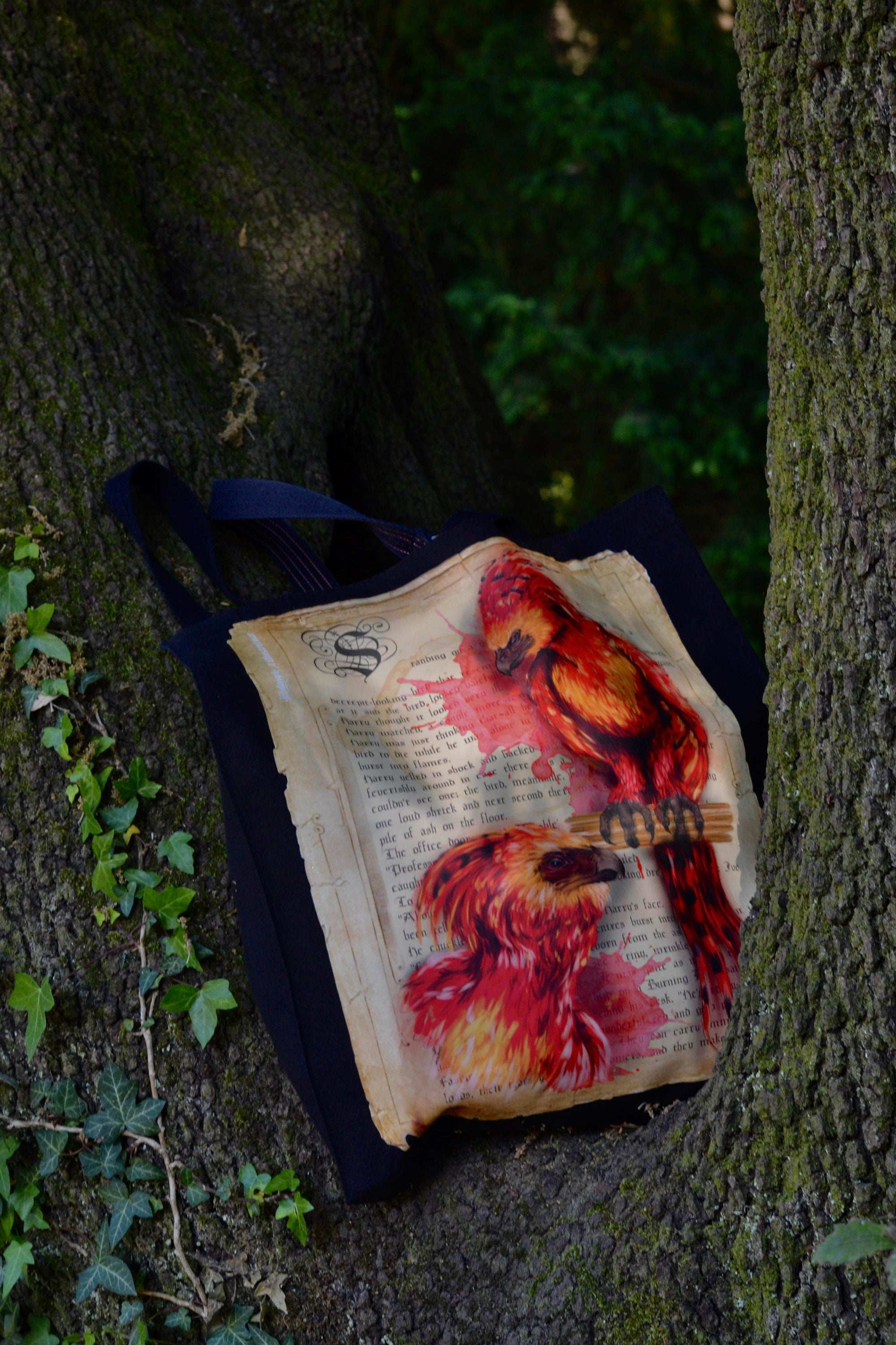 Handpressed unique art drawing harry potter fawkws phoenix magical creature 100% organic fairtrade gothic 10oz flat base totebag fashion bag