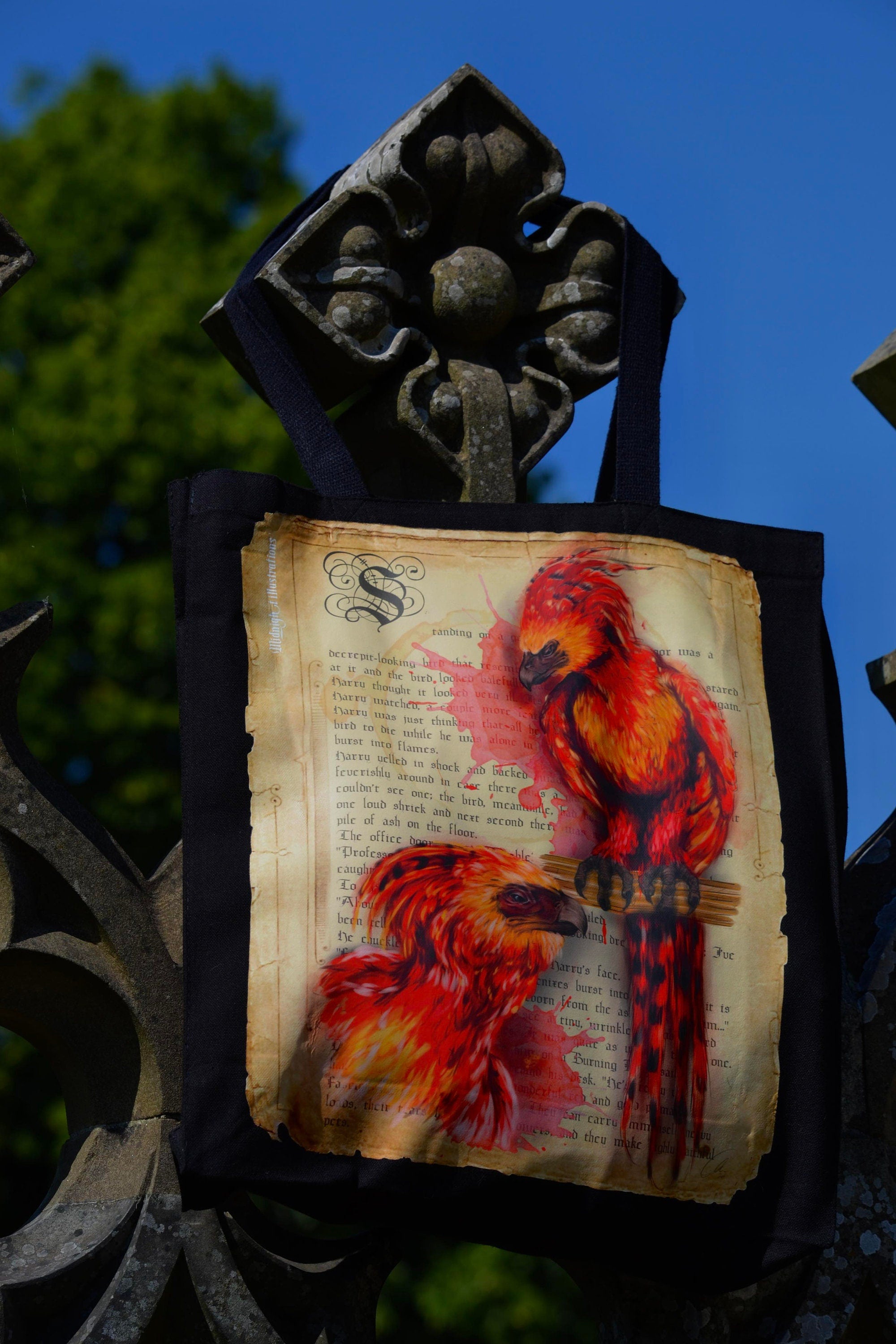 Handpressed unique art drawing harry potter fawkws phoenix magical creature 100% organic fairtrade gothic 10oz flat base totebag fashion bag