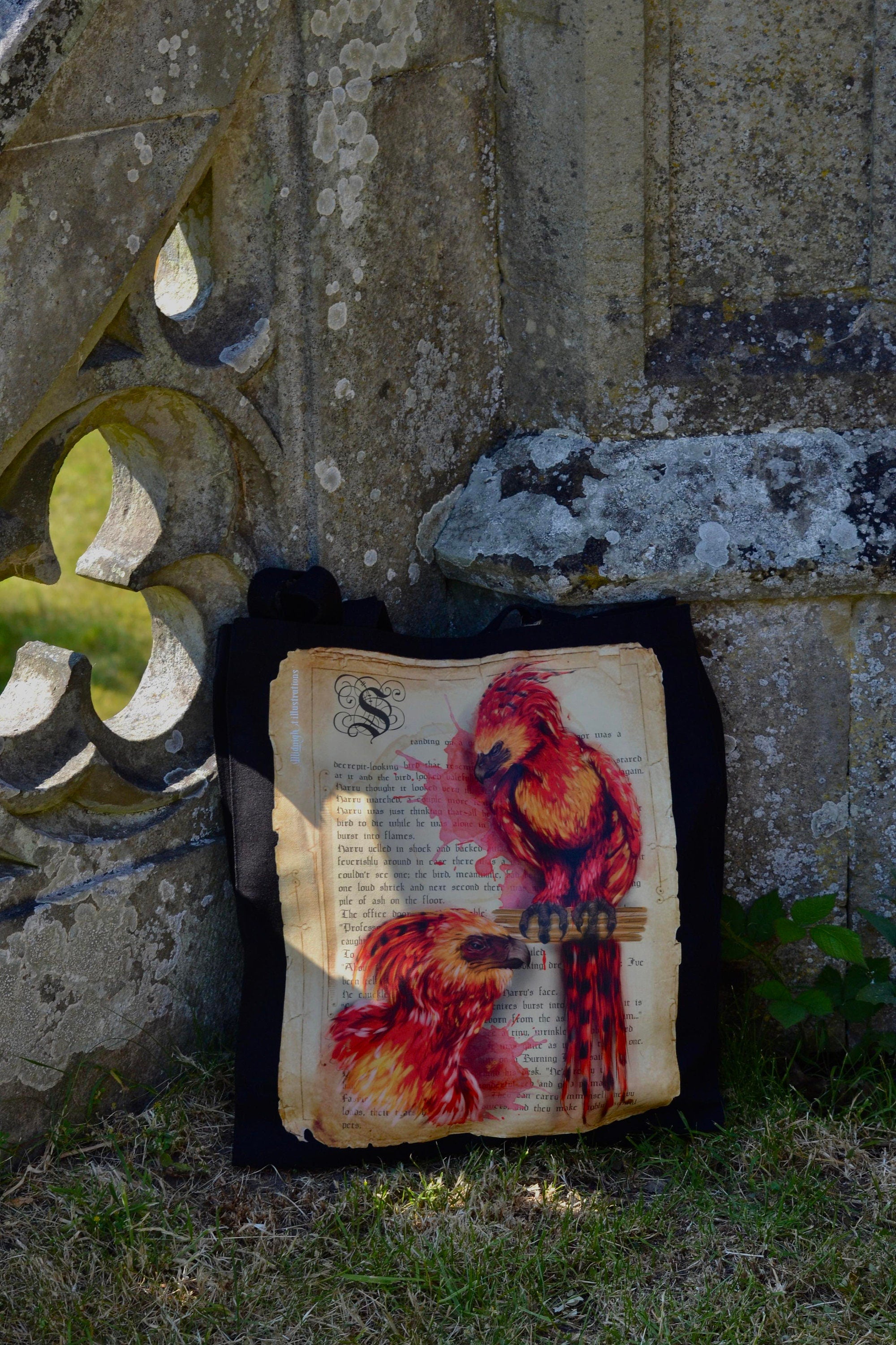 Handpressed unique art drawing harry potter fawkws phoenix magical creature 100% organic fairtrade gothic 10oz flat base totebag fashion bag