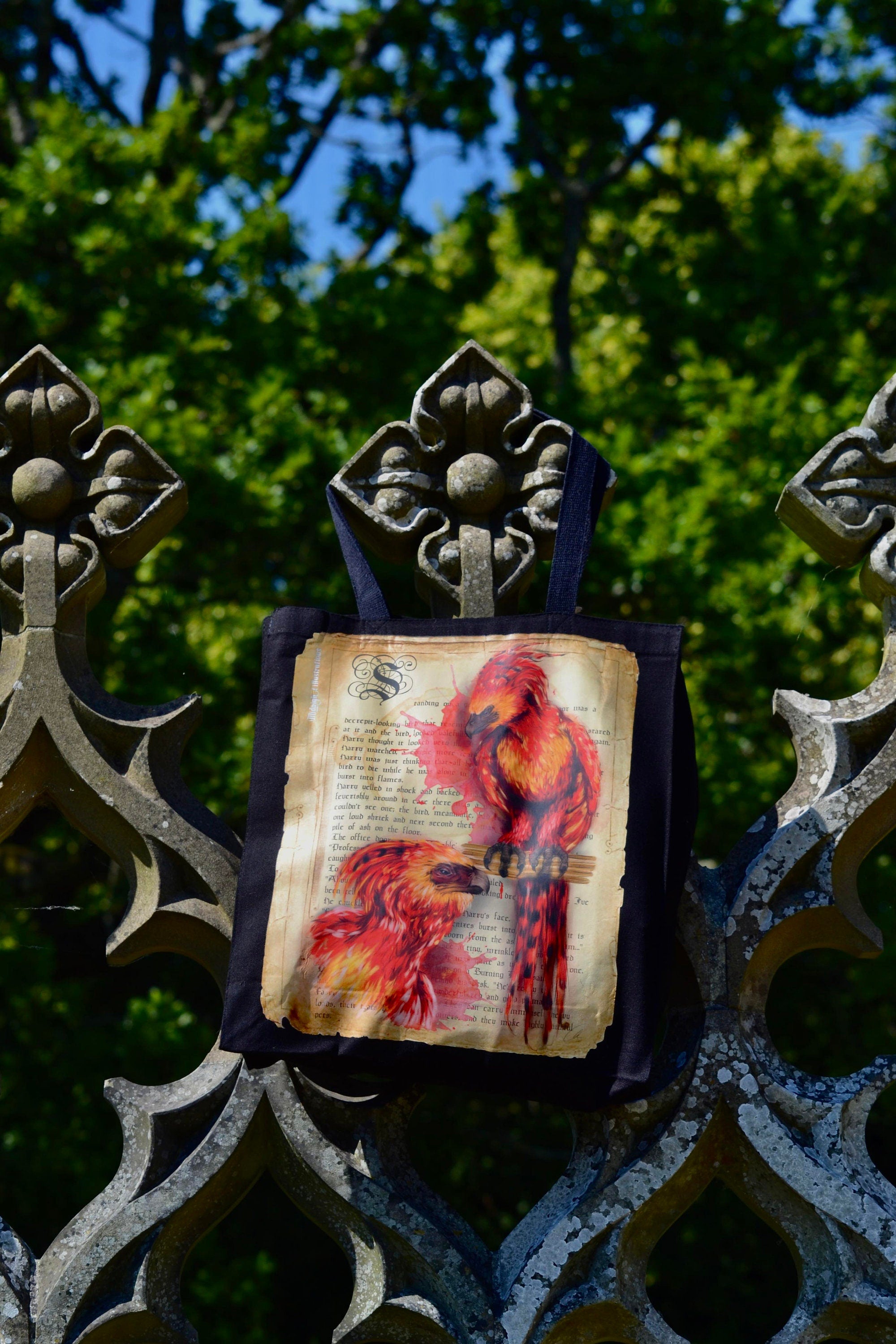 Handpressed unique art drawing harry potter fawkws phoenix magical creature 100% organic fairtrade gothic 10oz flat base totebag fashion bag