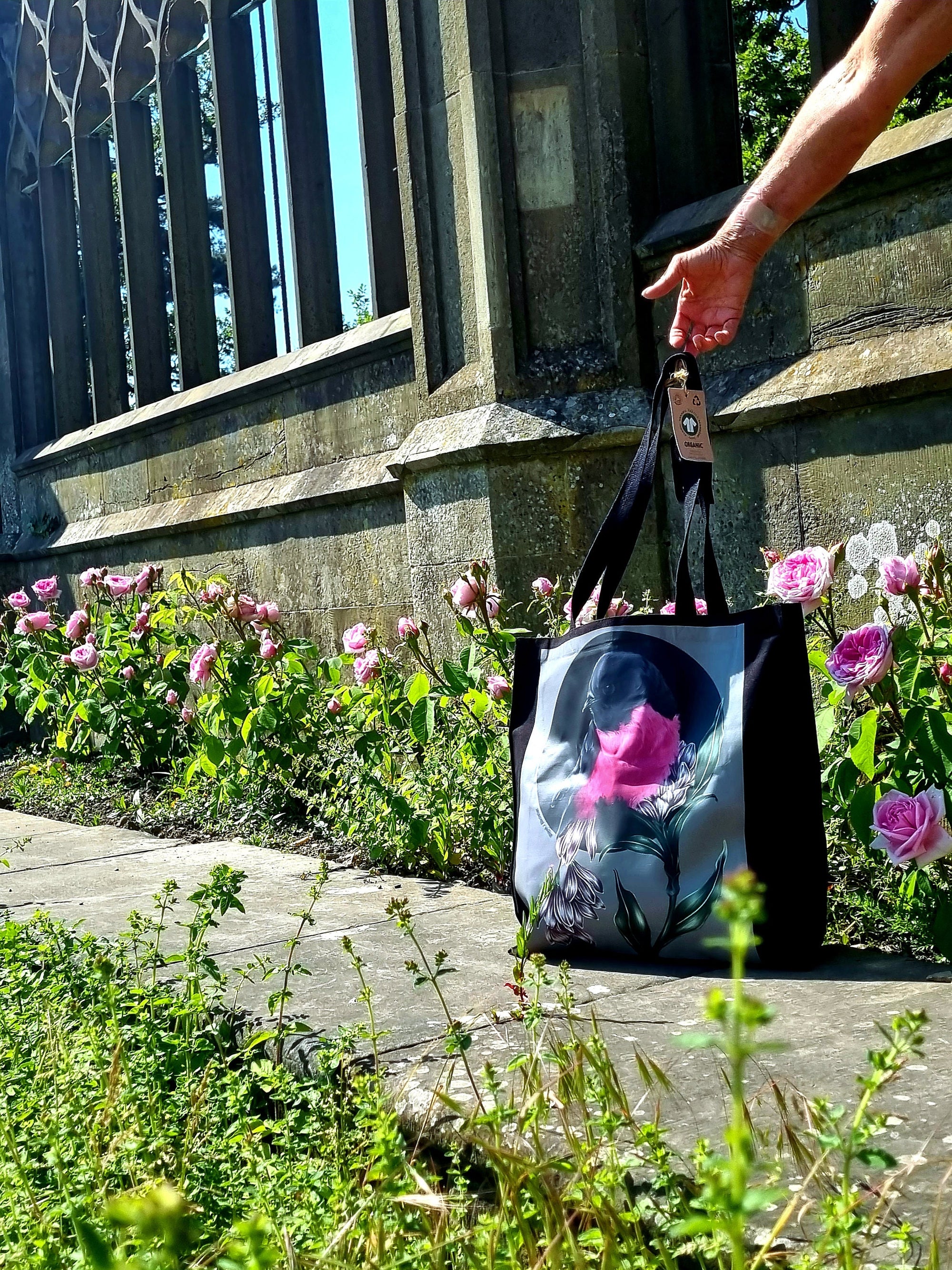 Handpressed unique pink robin art drawing illustration pink bird nature 100% organic fairtrade fairycore 10oz flat base totebag fashion bag