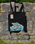Handpressed unique baby yoda art drawing illustration starwars inspired 100% organic fairtrade nerd geek 10oz flat base totebag fashion bag