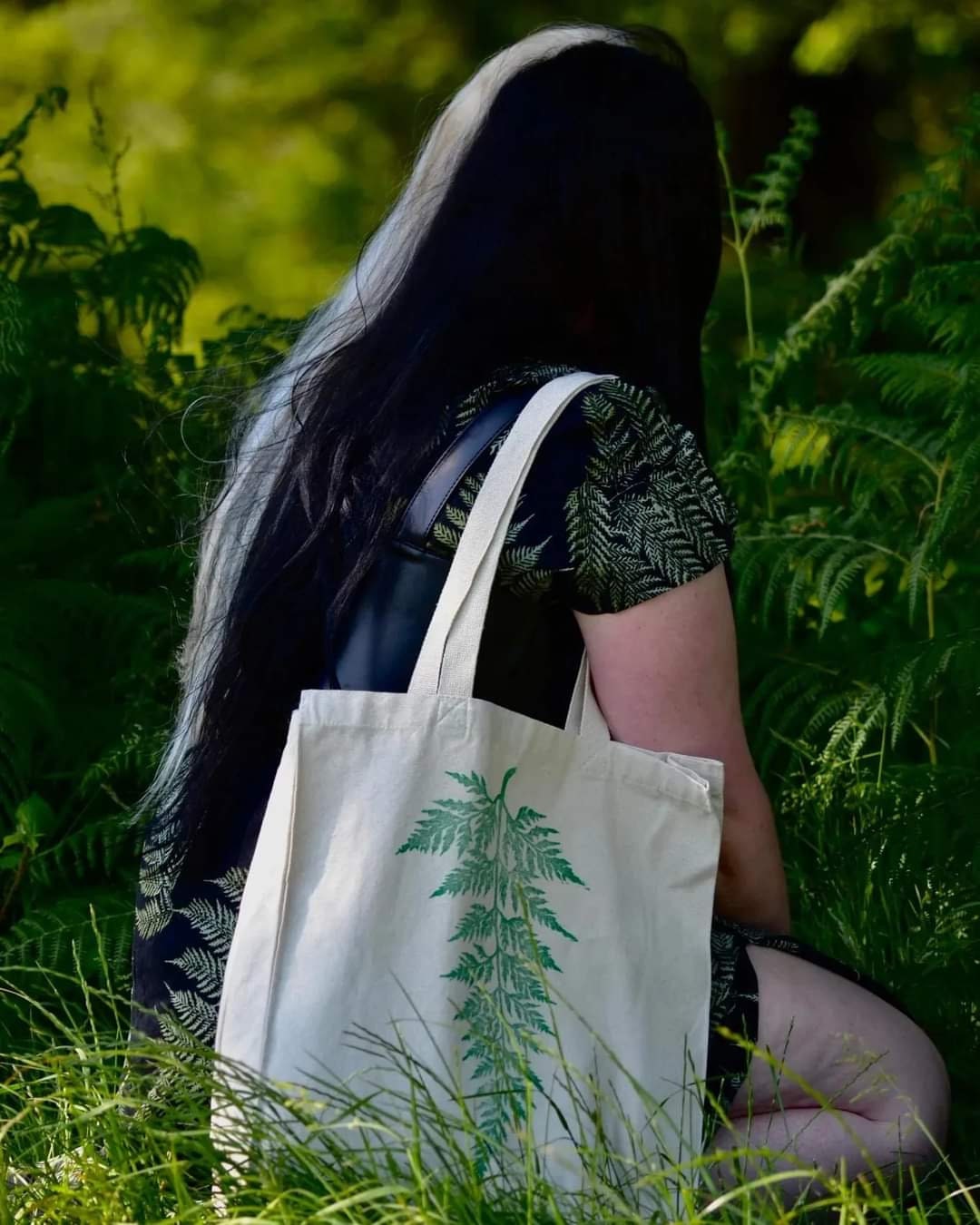 Hand printed lino print 100% organic fair trade fern nature whimsygoth cottagecore forestcore fairycore 10 oz flat base totebag fashion bag