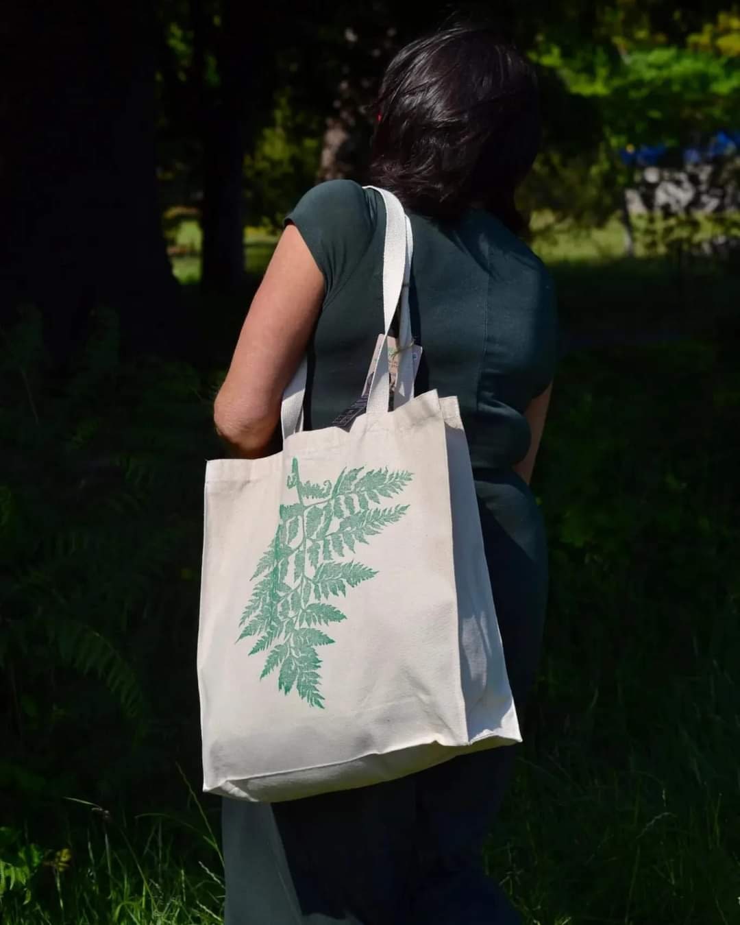 Hand printed lino print 100% organic fair trade fern nature whimsygoth cottagecore forestcore fairycore 10 oz flat base totebag fashion bag