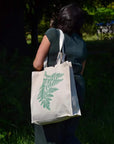 Hand printed lino print 100% organic fair trade fern nature whimsygoth cottagecore forestcore fairycore 10 oz flat base totebag fashion bag