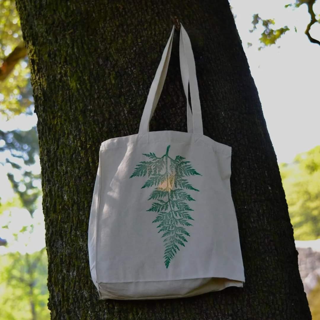 Hand printed lino print 100% organic fair trade fern nature whimsygoth cottagecore forestcore fairycore 10 oz flat base totebag fashion bag