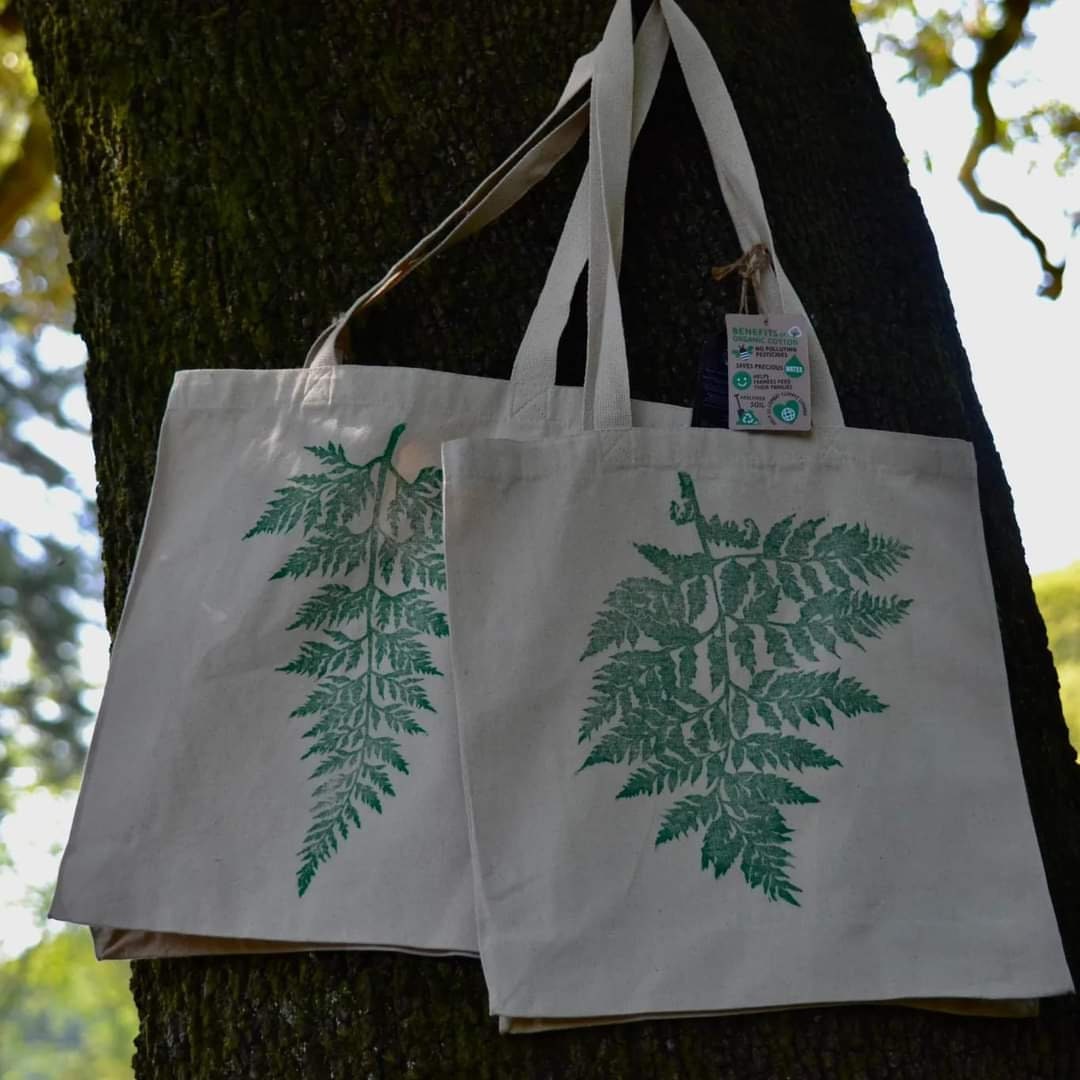 Hand printed lino print 100% organic fair trade fern nature whimsygoth cottagecore forestcore fairycore 10 oz flat base totebag fashion bag