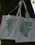 Hand printed lino print 100% organic fair trade fern nature whimsygoth cottagecore forestcore fairycore 10 oz flat base totebag fashion bag